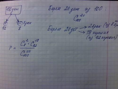 Впартии из 100 деталей 8 бракованных. наугад выбирают 20 деталей. найти вероятность того, что из 20