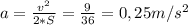 a= \frac{v^{2}}{2*S} = \frac{9}{36} =0,25m/s^{2}