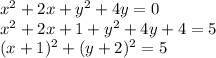 x^2 + 2x + y^2 + 4y = 0 &#10;\\\&#10;x^2 + 2x +1+ y^2 + 4y+4 = 5&#10;\\\&#10;(x+1)^2+( y + 2)^2 = 5