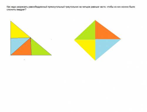 Как нужно разрезать равнобедренный прямоугольный треугольник на четыре равные части чтобы с них можн