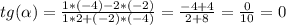 tg( \alpha )= \frac{1*(-4)-2*(-2)}{1*2+(-2)*(-4)}= \frac{-4+4}{2+8}= \frac{0}{10}=0