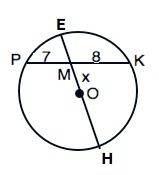 Хорда рк делится точкой м на два отрезка рм=7 дм, мк=8 дм. найдите расстояние от точки м до центра о