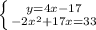 \left \{ {{y=4x-17} \atop {-2 x^{2} +17x=33}} \right.