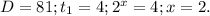 D=81;t_1=4;2^x=4;x=2.