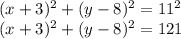 (x+3)^2+(y-8)^2=11^2\\(x+3)^2+(y-8)^2=121