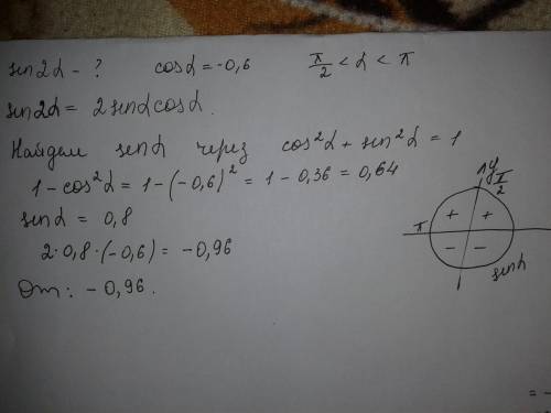 Вычислть синус 2альфа, если косину= -0,6 и пи/2