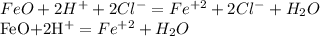 FeO+2H^{+}+2Cl^{-}=Fe^{+2}+2Cl^{-}+H_{2}O&#10;&#10;FeO+2H^{+}=Fe^{+2}+H_{2}O