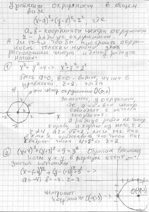 Начертить окружность заданную уравнением: 1. x2+у2=4 2. (х+4)2+(у+3)2=9 3. (х-1)2+(у+2)2=25 4. (х-5)