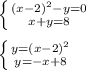 \left \{ {{(x-2)^2-y=0} \atop {x+y=8}} \right. \\\\ \left \{ {{y=(x-2)^2} \atop {y=-x+8}} \right.