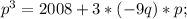 p^3=2008+3*(-9q)*p;