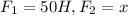 F_{1} =50H, F_{2} =x