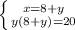 \left \{ {{x=8+y} \atop {y(8+y)=20}} \right.