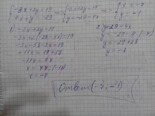 Решить систему уравнений {-3x+2y=19 {4x+y=-29