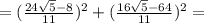 =(\frac{24\sqrt{5}-8}{11})^2+(\frac{16\sqrt{5}-64}{11})^2=