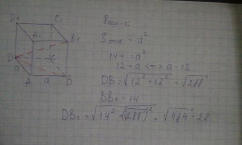 Вправильной четырех угольной призме площадь основания 144см квадратных. а высота 14см найти диагонал
