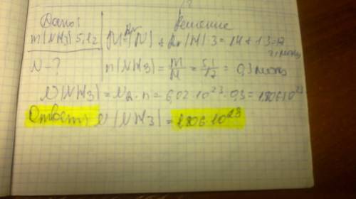 Определите число молекул содержащихся в 5,1 грамм nh3