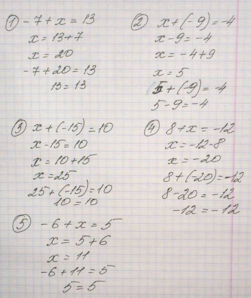 Угадайте корень уравненя и сделайте проверку -7+х=13 х+(-9) = -4 х+(-15)= 10 8+х = - 12 -6+х = 5 х+(