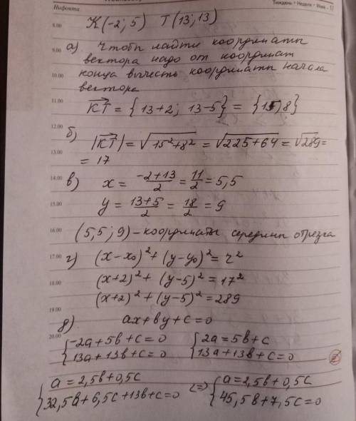 K(-2; 5),т(13; 13) найти: а)координаты вектора кт б)длину вектора кт в)координаты середины отрезка к