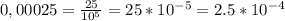 0,00025 = \frac{25}{10^{5} } = 25 * 10^{-5} = 2.5 * 10^{-4}