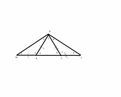 Дан треугольник авс. на прямой ас отложены отрезок cf,равный вс(точка с лежит между а и f),и отрезок