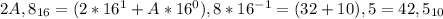 2A,8_{16}=(2*16^1+A*16^0),8*16^{-1}=(32 + 10),5 = 42,5_{10}