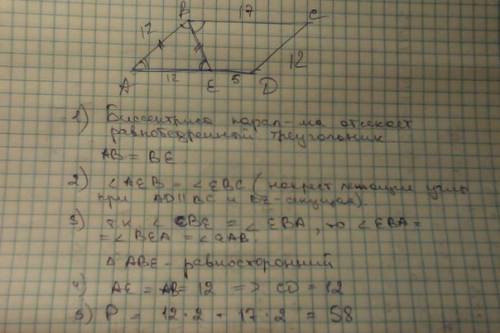 Впараллелограмме abcd биссектриса угла в пересекает сторону ad в точке е так,что ае=12, ed=5. найдит