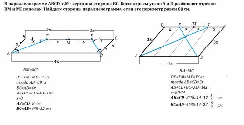 Впараллелограмме abcd точка m-середина стороны bc. биссектрисы углов а и d разбивают отрезки вм и мс