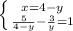 \left \{ {{x=4-y} \atop { \frac{5}{4-y} - \frac{3}{y} =1}} \right.