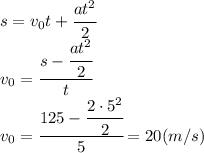 s=v_0t+ \cfrac{at^2}{2} &#10;\\\&#10;v_0= \cfrac{s- \cfrac{at^2}{2}}{t} &#10;\\\&#10;v_0= \cfrac{125- \cfrac{2\cdot5^2}{2}}{5} =20(m/s)