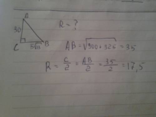 Втреугольнике авс угол с=90 градусов.ас=30.вс=5 корень из 13.найдите радиус окружности,описанной око