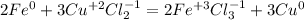 2Fe^{0}+3Cu^{+2}Cl^{-1}_{2}=2Fe^{+3}Cl^{-1}_{3}+3Cu^{0}