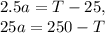 2.5a=T-25, \\ 25a=250-T