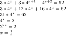 3*4^x+3*4^{x+1}+4^{x+2}=62\\&#10;3*4^x+12*4^x+16*4^x=62\\&#10;31*4^x=62\\&#10;4^x=2\\&#10;2^{2x}=2\\&#10;x=\frac{1}{2}