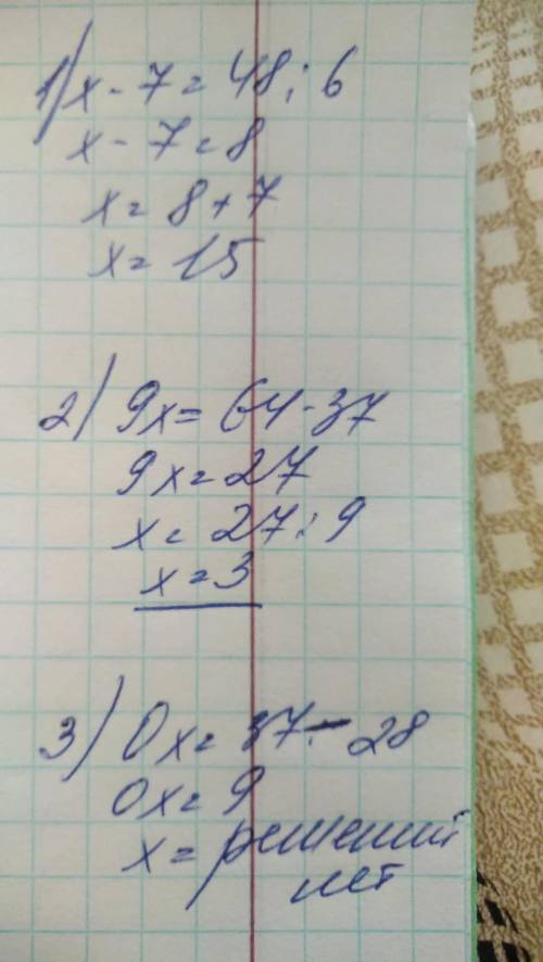 Решите уравнения ! много .1)48÷(x-7)=62)37+9×x=643)28+x-x=37 ​