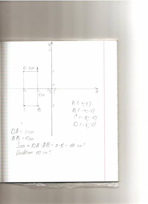 Как найти площадь прямоугольника abcd если: а(-4; 5), b( -4; -5), с( -8; -5), d( -8; 5). : 3