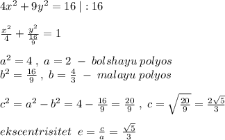 4x^2+9y^2=16\; |:16\\\\\frac{x^2}{4}+\frac{y^2}{\frac{16}{9}}=1\\\\a^2=4\; ,\; a=2\; -\; bolshayu\; polyos\\b^2=\frac{16}{9}\; ,\; b=\frac{4}{3}\; -\; malayu\; polyos\\\\c^2=a^2-b^2=4-\frac{16}{9}=\frac{20}{9}\; ,\; c=\sqrt{\frac{20}{9}}=\frac{2\sqrt5}{3}\\\\ekscentrisitet\; \; e=\frac{c}{a}=\frac{\sqrt5}{3}