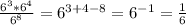 \frac{ 6^{3}*6^{4}}{ 6^{8}} = 6^{3+4-8} = 6^{-1} = \frac{1}{6}