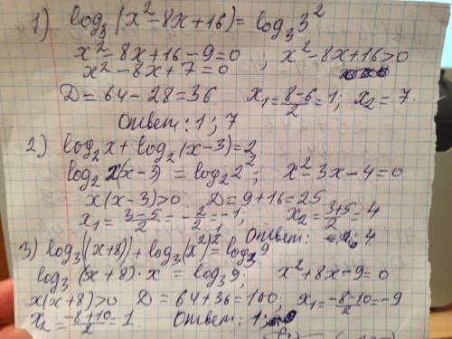 Розвязати рівняння: log3(x2-8x+16)=2 log2x + log2 (x-3)=2 log3(x+8) + 1\2 log3 x2 =2