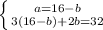 \left \{ {{a = 16-b} \atop {3(16-b) + 2b = 32}} \right.