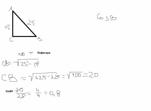 Втреугольнике авс угол с равен 90 градусов ab=25 ac =15 найти cosb