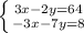 \left \{ {{3x-2y=64} \atop {-3x-7y=8}} \right.