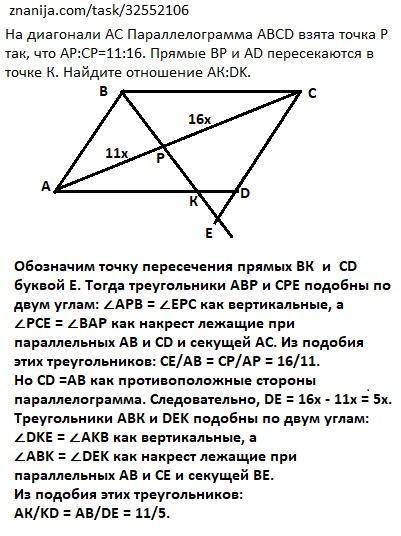 На диагонали ас параллелограмма авсd взята точка р так, что ар: ср=11: 16. прямые вр и аd пересекают