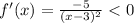 f'(x)=\frac{-5}{(x-3)^2}<0