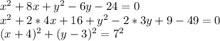 x^2+8x+y^2-6y-24=0\\&#10;x^2+2*4x+16+y^2-2*3y+9-49=0\\&#10;(x+4)^2+(y-3)^2=7^2