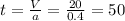 t=\frac{V}{a}=\frac{20}{0.4}=50