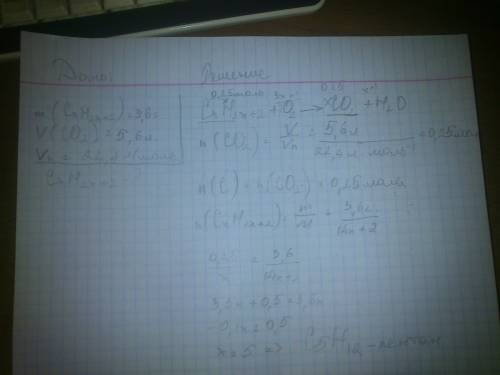 При сгорании алкана m=3.6г образовался со2 v=5.6л. определите молекулярную формулу алкана.