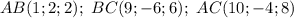 AB(1; 2; 2); \ BC (9; -6; 6); \ AC (10; -4; 8)