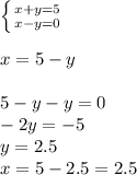 \left \{ {{x+y = 5} \atop {x-y=0}} \right. \\\\x = 5 - y\\\\5-y-y=0\\-2y=-5\\y=2.5\\x=5-2.5=2.5