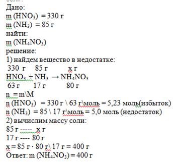 Через раствор, содержащий 330 г азотной кислоты, пропустили 85 г аммиака. какова масса образовавшейс