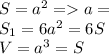 S=a^2=a=\sqrtS\\S_1=6a^2=6S\\V=a^3=S\sqrtS